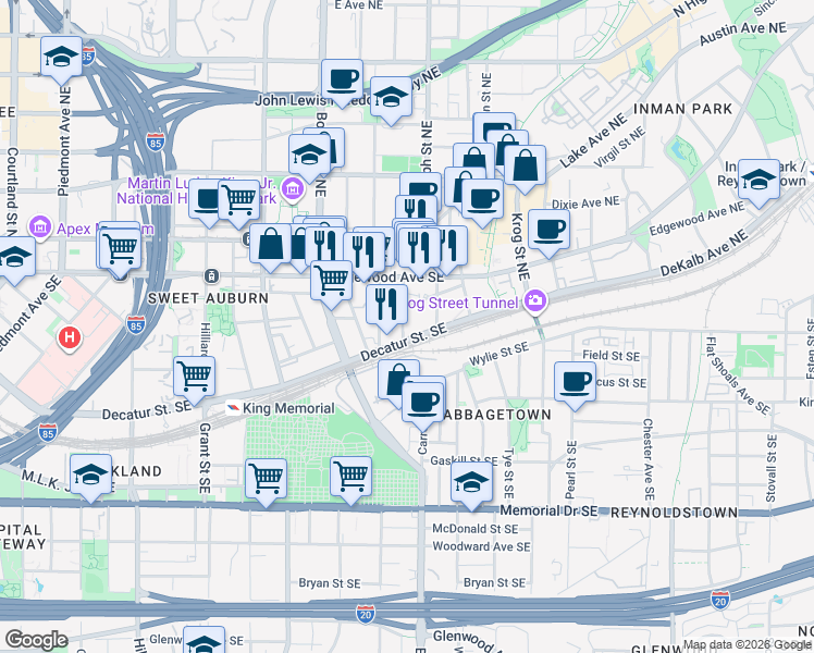 map of restaurants, bars, coffee shops, grocery stores, and more near 58 Bradley Street Southeast in Atlanta