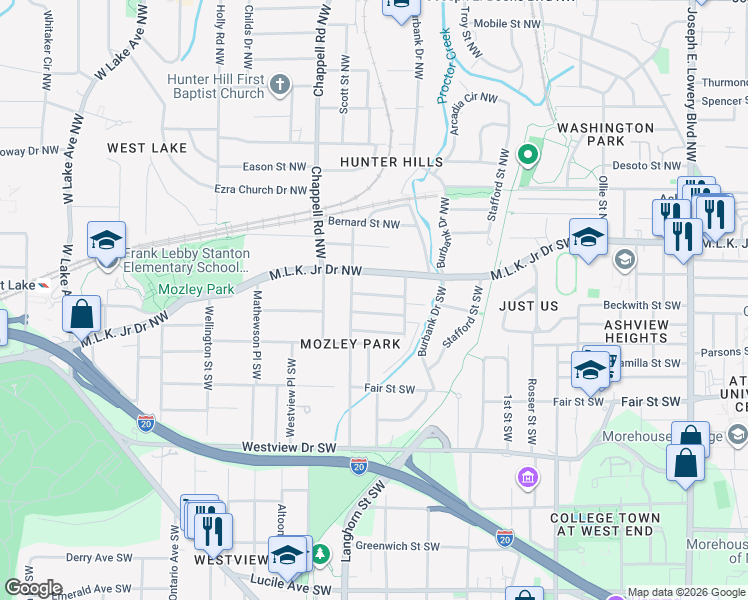 map of restaurants, bars, coffee shops, grocery stores, and more near 1313 Thurgood Street Southwest in Atlanta