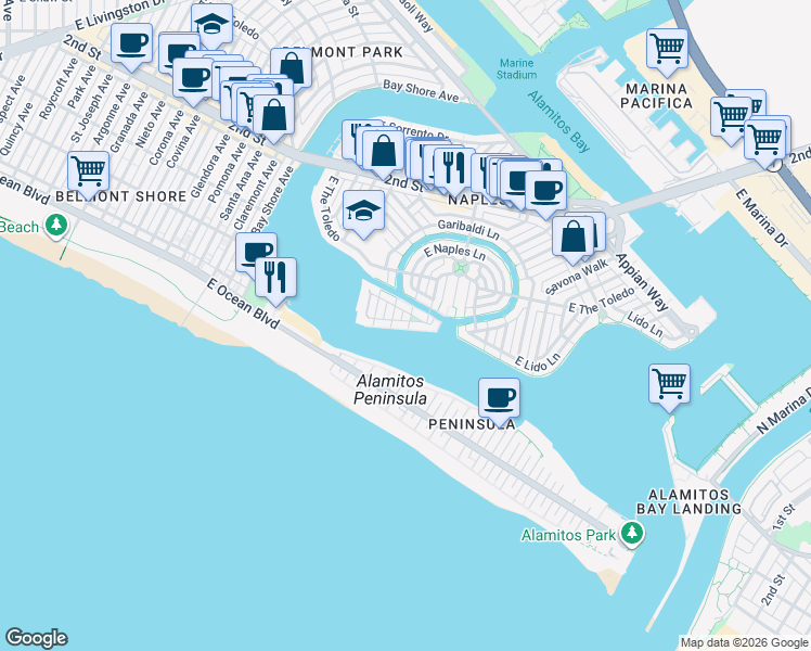 map of restaurants, bars, coffee shops, grocery stores, and more near 5627 East Corso Di Napoli in Long Beach