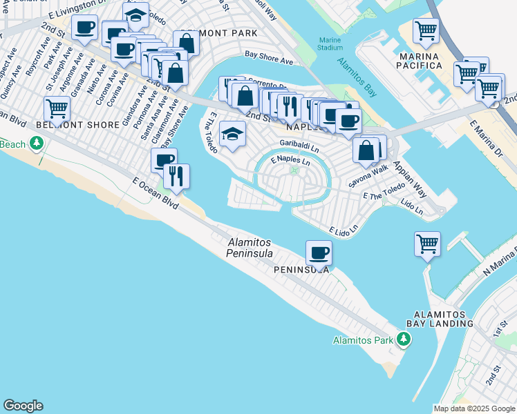 map of restaurants, bars, coffee shops, grocery stores, and more near 5625 East Corso Di Napoli in Long Beach