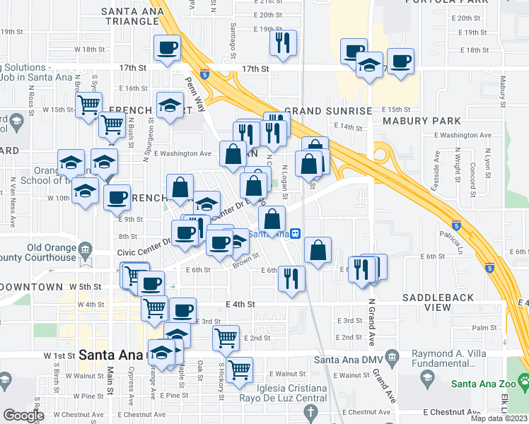 map of restaurants, bars, coffee shops, grocery stores, and more near 706 North Santiago Street in Santa Ana