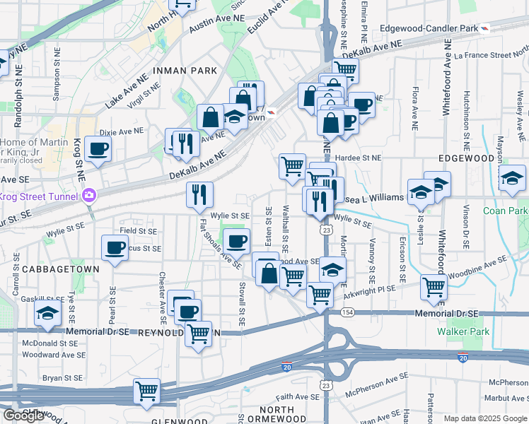 map of restaurants, bars, coffee shops, grocery stores, and more near 1046 Wylie Street Southeast in Atlanta