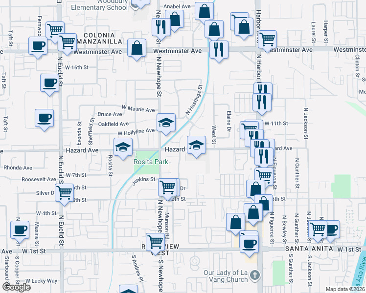 map of restaurants, bars, coffee shops, grocery stores, and more near 901 North Mountain View Street in Santa Ana