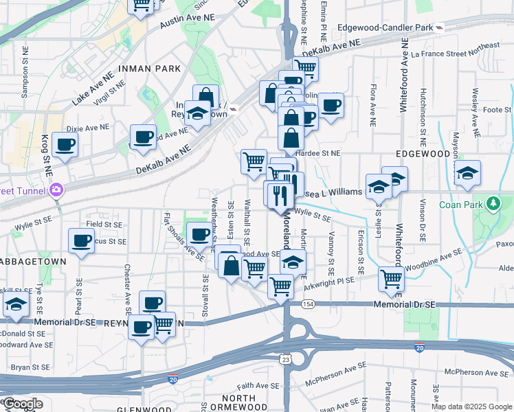 map of restaurants, bars, coffee shops, grocery stores, and more near 1100 Wylie Street Southeast in Atlanta