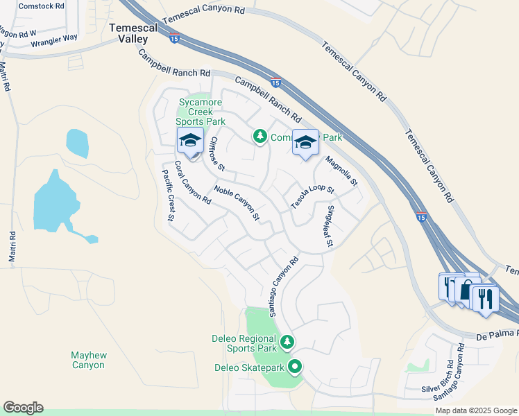 map of restaurants, bars, coffee shops, grocery stores, and more near 9131 Larkspur Drive in Corona