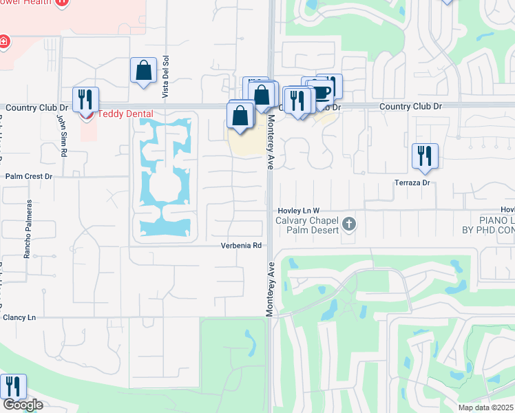 map of restaurants, bars, coffee shops, grocery stores, and more near Calle La Reina in Rancho Mirage
