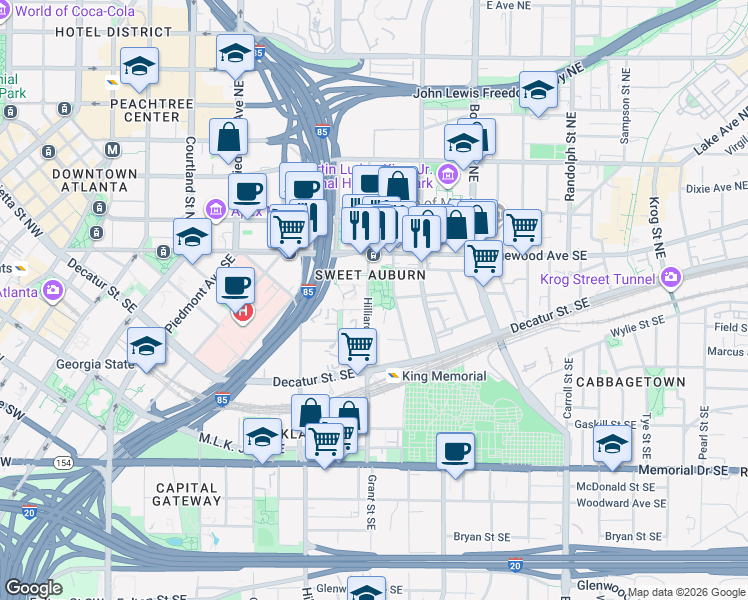 map of restaurants, bars, coffee shops, grocery stores, and more near 98 William Holmes Borders Senior Drive Southeast in Atlanta