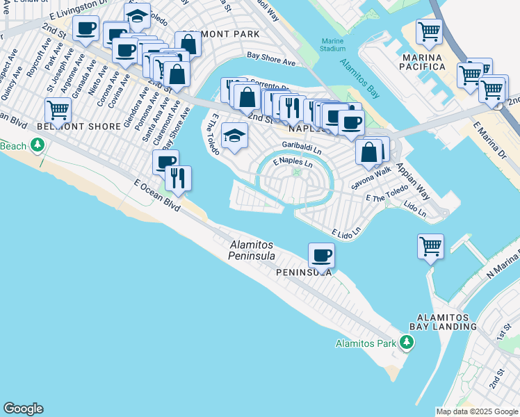 map of restaurants, bars, coffee shops, grocery stores, and more near 5625 East Corso Di Napoli in Long Beach