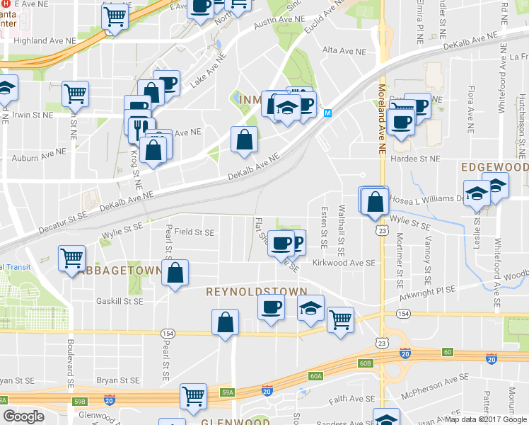 map of restaurants, bars, coffee shops, grocery stores, and more near 946 Wylie Street Southeast in Atlanta