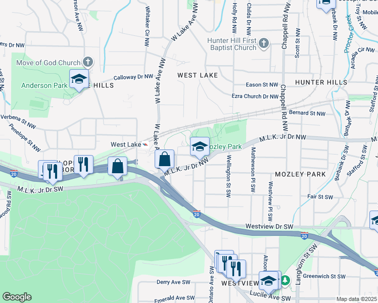 map of restaurants, bars, coffee shops, grocery stores, and more near 1669 Browning Street Southwest in Atlanta