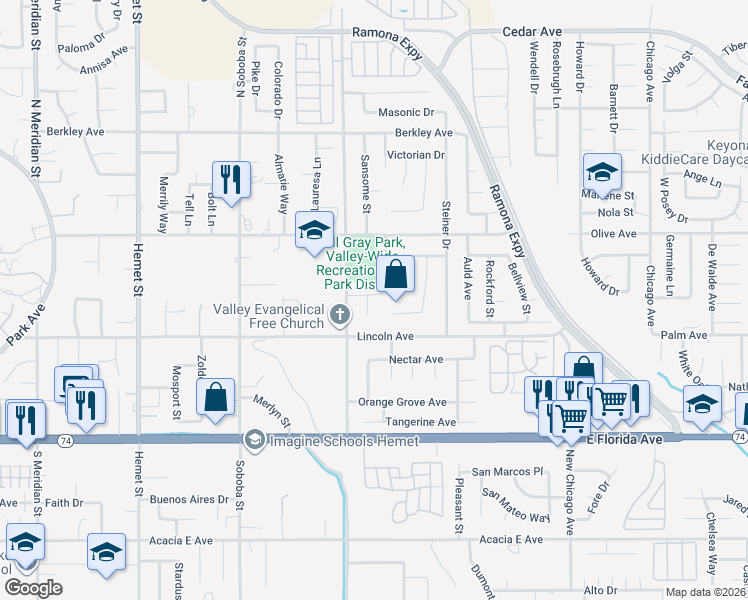 map of restaurants, bars, coffee shops, grocery stores, and more near 5449 Pacific Green Court in Hemet