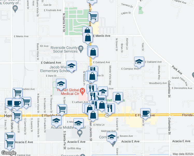 map of restaurants, bars, coffee shops, grocery stores, and more near 380 North San Jacinto Street in Hemet