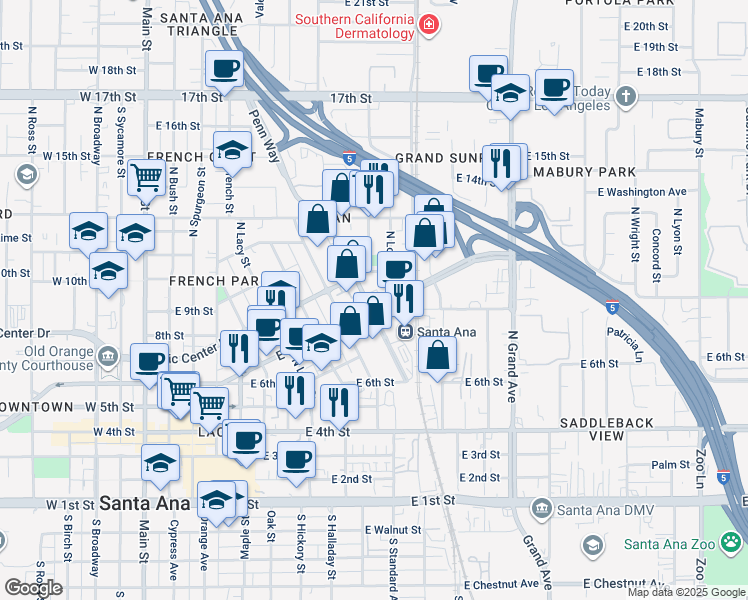 map of restaurants, bars, coffee shops, grocery stores, and more near 921 North Santiago Street in Santa Ana