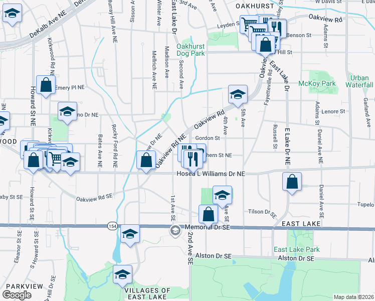map of restaurants, bars, coffee shops, grocery stores, and more near 629 2nd Avenue Northeast in Decatur