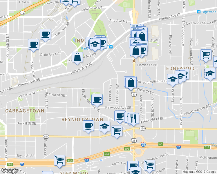map of restaurants, bars, coffee shops, grocery stores, and more near 1046 Wylie Street Southeast in Atlanta