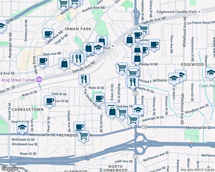 map of restaurants, bars, coffee shops, grocery stores, and more near 60 Moda Lane in Atlanta