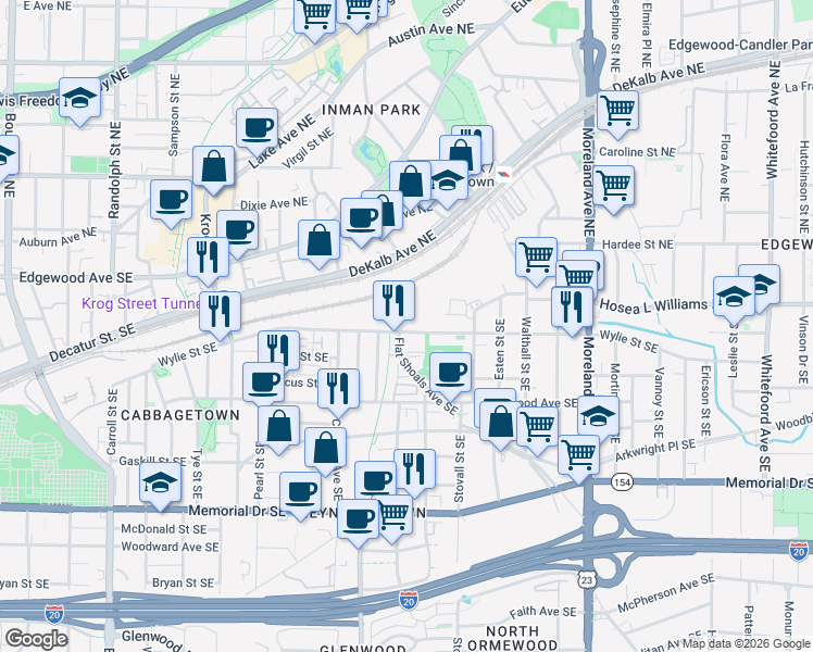 map of restaurants, bars, coffee shops, grocery stores, and more near 946 Wylie Street Southeast in Atlanta