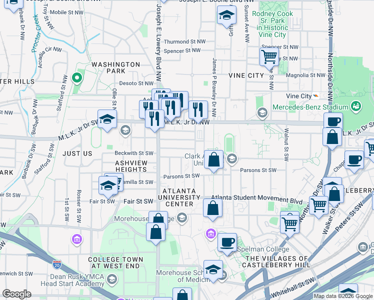 map of restaurants, bars, coffee shops, grocery stores, and more near 851 Drummond Street Southwest in Atlanta