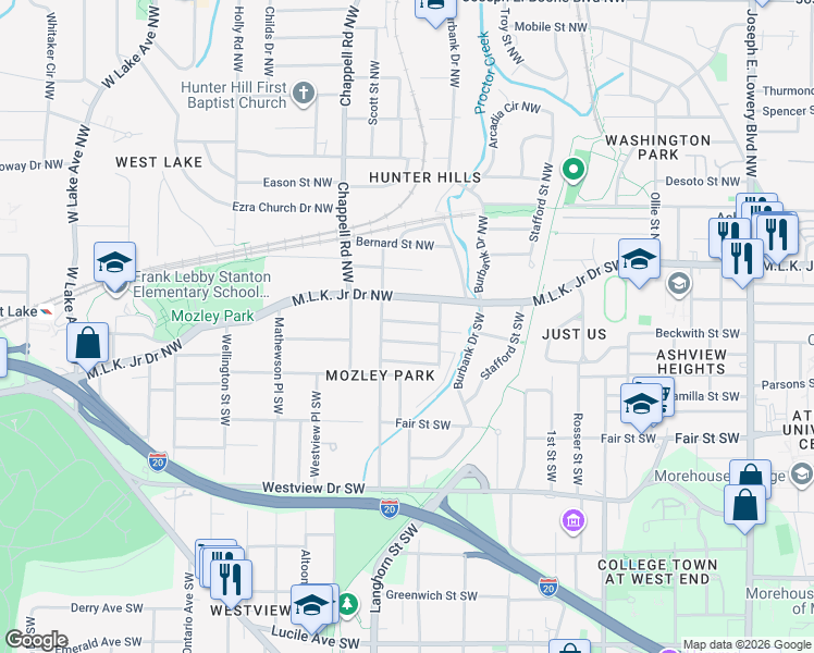 map of restaurants, bars, coffee shops, grocery stores, and more near 1313 Thurgood Street Southwest in Atlanta