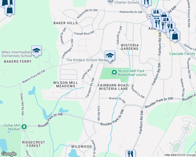 map of restaurants, bars, coffee shops, grocery stores, and more near 344 Tarragon Way Southwest in Atlanta