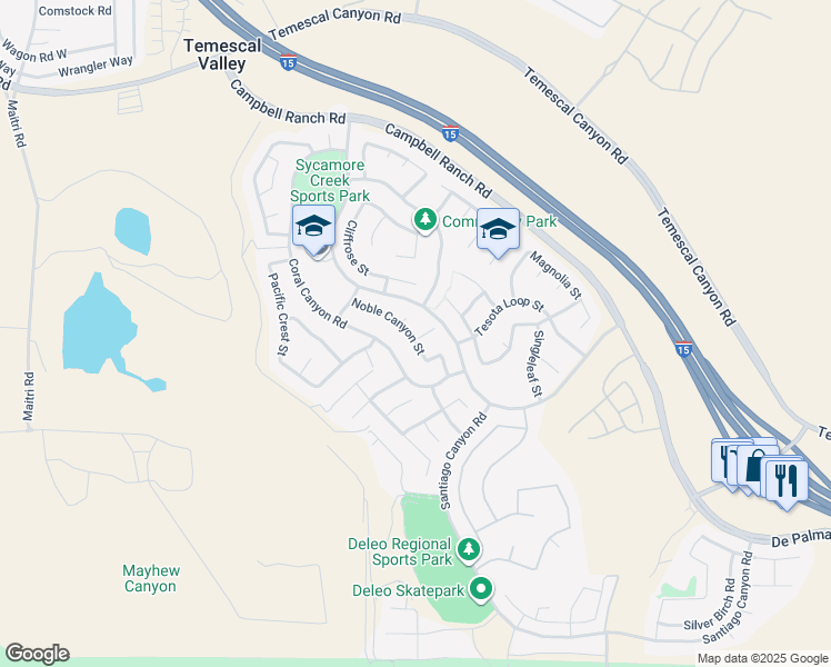 map of restaurants, bars, coffee shops, grocery stores, and more near 11124 Larkspur Court in Corona