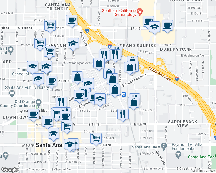 map of restaurants, bars, coffee shops, grocery stores, and more near 951 East Santa Ana Boulevard in Santa Ana