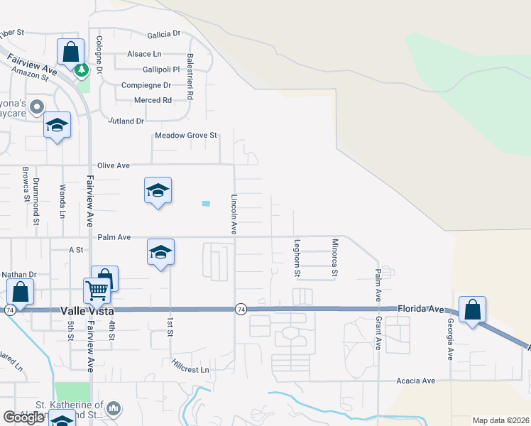 map of restaurants, bars, coffee shops, grocery stores, and more near 44590 Buntin Way in Hemet