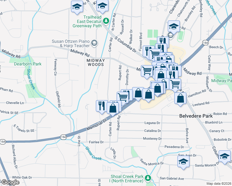 map of restaurants, bars, coffee shops, grocery stores, and more near 1386 Rupert Road in Decatur