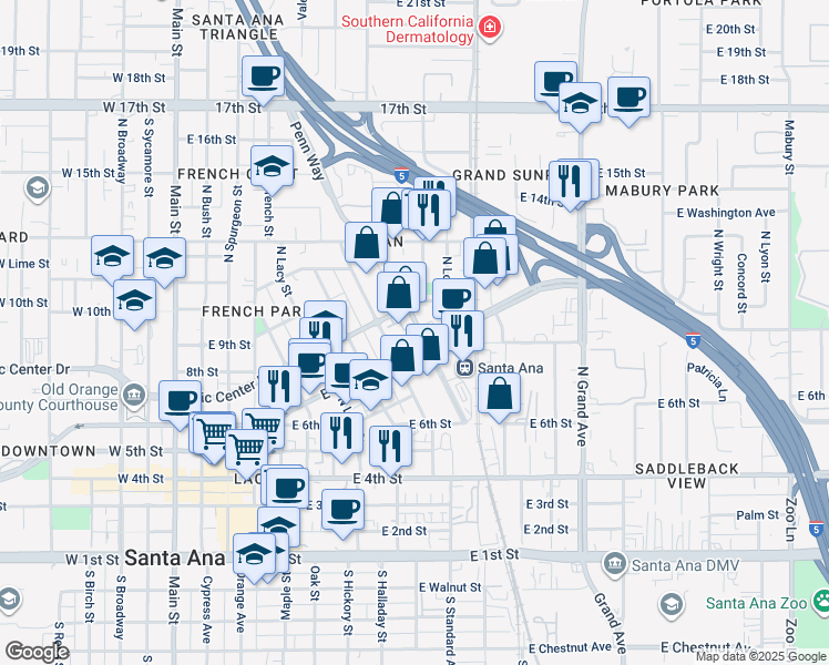 map of restaurants, bars, coffee shops, grocery stores, and more near 706 North Santiago Street in Santa Ana