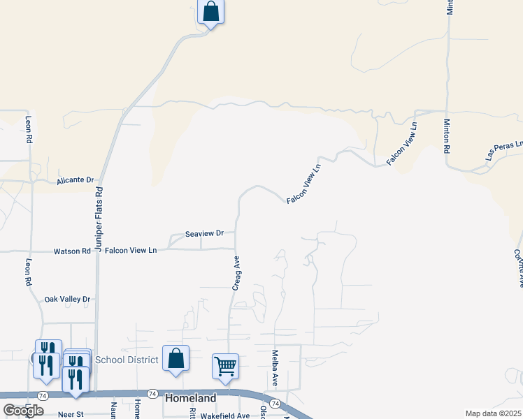 map of restaurants, bars, coffee shops, grocery stores, and more near Falcon View Lane in Homeland