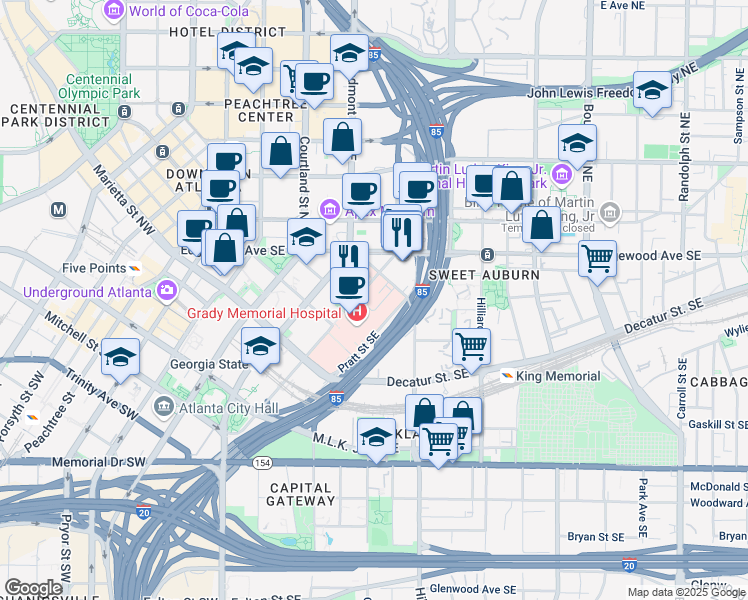 map of restaurants, bars, coffee shops, grocery stores, and more near 56 Jesse Hill Junior Drive Southeast in Atlanta