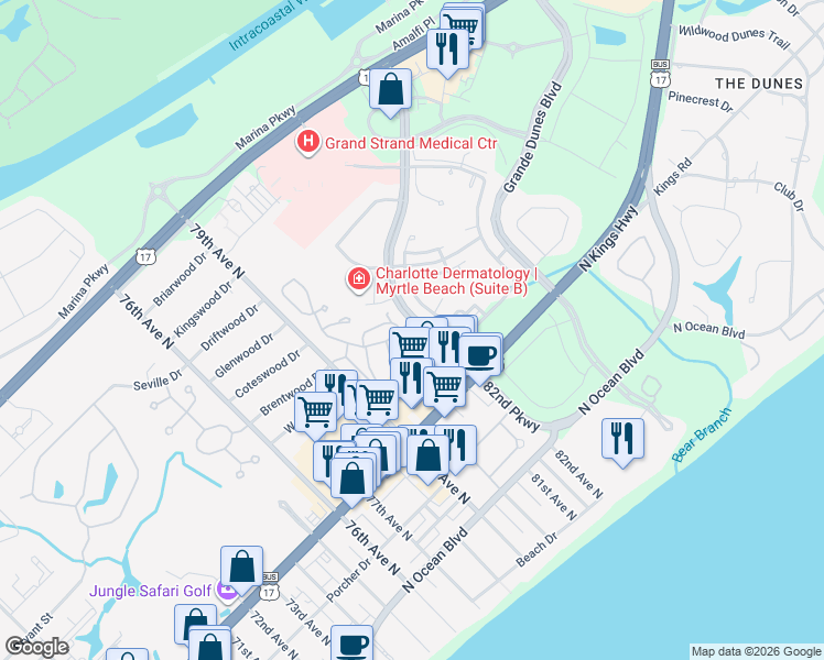 map of restaurants, bars, coffee shops, grocery stores, and more near 1 San Marks Court in Myrtle Beach