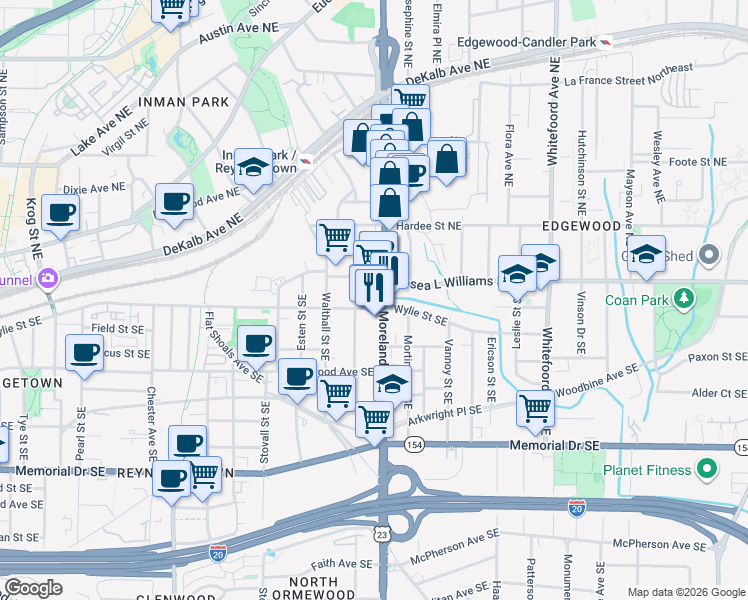 map of restaurants, bars, coffee shops, grocery stores, and more near 15 Moreland Avenue Southeast in Atlanta