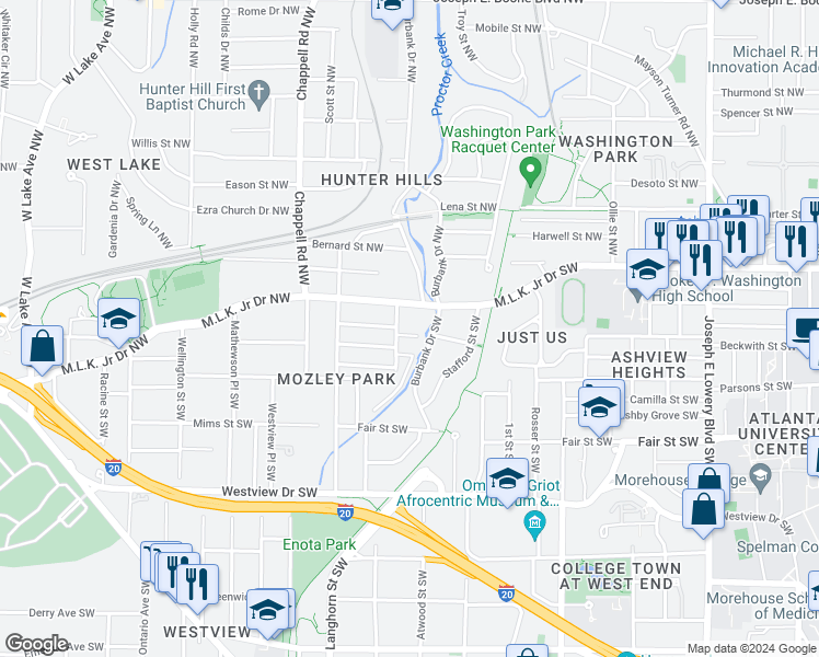 map of restaurants, bars, coffee shops, grocery stores, and more near 1277 Jasper Street Southwest in Atlanta