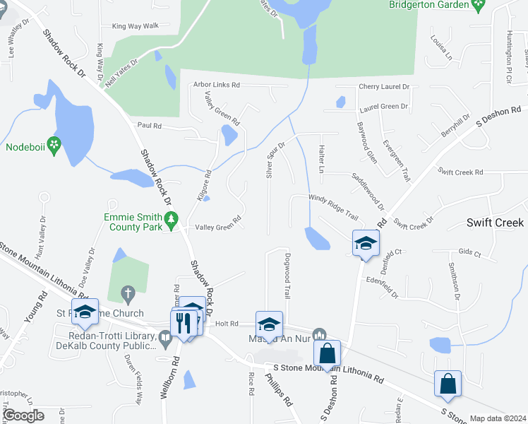 map of restaurants, bars, coffee shops, grocery stores, and more near 6094 Silver Spur Drive in Lithonia