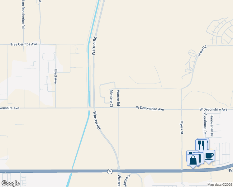map of restaurants, bars, coffee shops, grocery stores, and more near 373 Old Warren Road in Hemet
