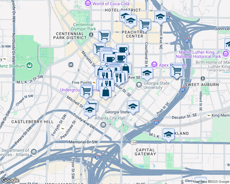 map of restaurants, bars, coffee shops, grocery stores, and more near 76 Wall Street Southeast in Atlanta