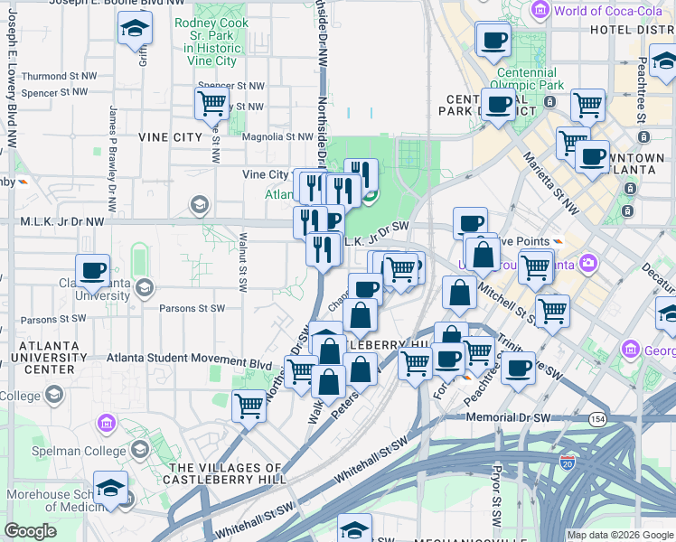 map of restaurants, bars, coffee shops, grocery stores, and more near 445 Markham Street Southwest in Atlanta