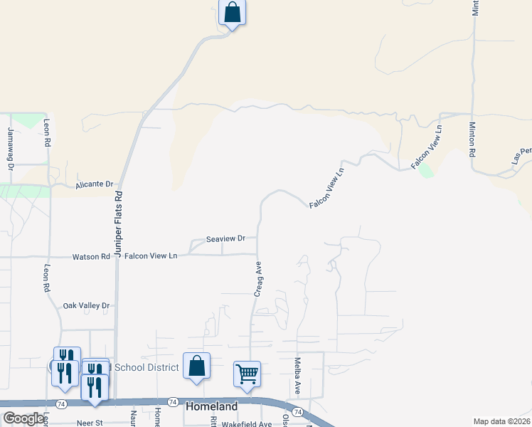 map of restaurants, bars, coffee shops, grocery stores, and more near Falcon View Lane in Homeland
