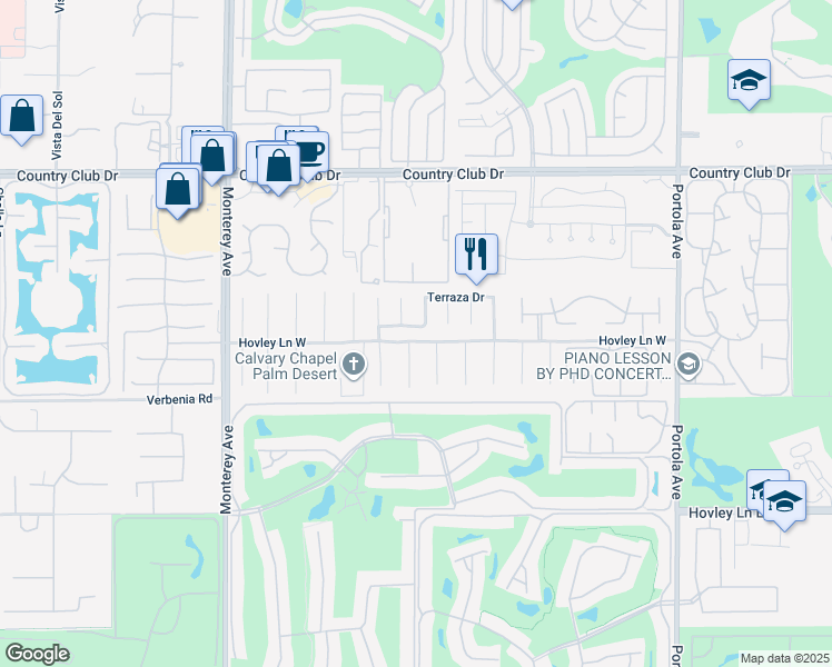 map of restaurants, bars, coffee shops, grocery stores, and more near 73455 Terraza Drive in Palm Desert