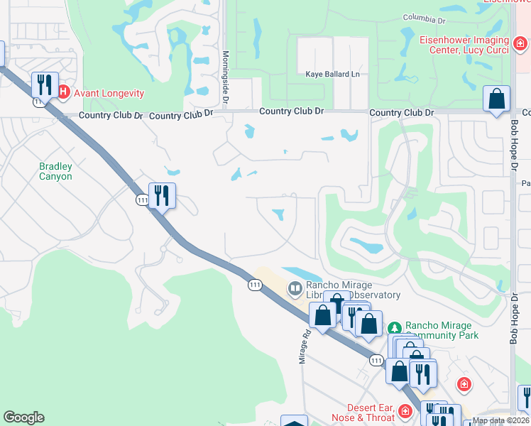 map of restaurants, bars, coffee shops, grocery stores, and more near 71170 West Thunderbird Terrace in Rancho Mirage