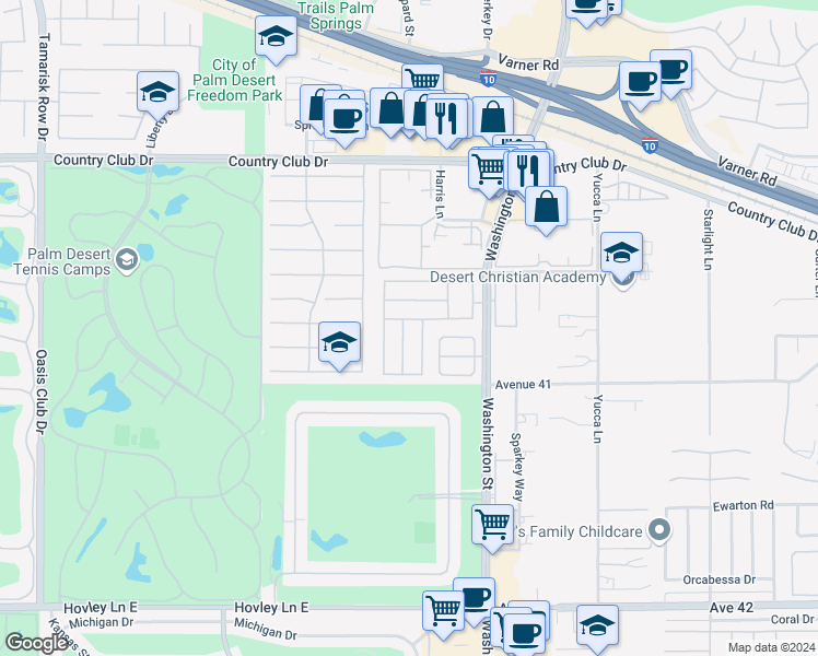 map of restaurants, bars, coffee shops, grocery stores, and more near 40754 Flying Sea Road in Palm Desert