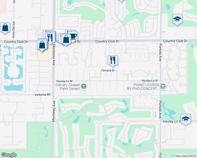 map of restaurants, bars, coffee shops, grocery stores, and more near 73455 Terraza Drive in Palm Desert