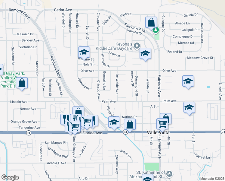 map of restaurants, bars, coffee shops, grocery stores, and more near 25420 Stephvon Way in Hemet