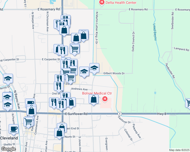 map of restaurants, bars, coffee shops, grocery stores, and more near 725 North Martin Luther King Junior Drive in Cleveland