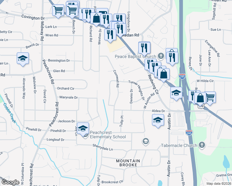 map of restaurants, bars, coffee shops, grocery stores, and more near 1391 Cornwall Road in Decatur