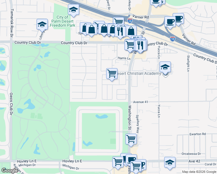 map of restaurants, bars, coffee shops, grocery stores, and more near 40754 Flying Sea Road in Palm Desert