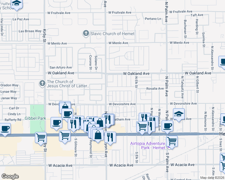 map of restaurants, bars, coffee shops, grocery stores, and more near 332 North Lyon Avenue in Hemet