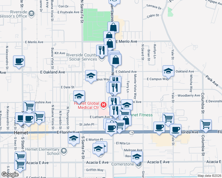 map of restaurants, bars, coffee shops, grocery stores, and more near 395 North San Jacinto Street in Hemet