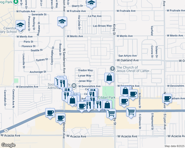 map of restaurants, bars, coffee shops, grocery stores, and more near 2864 Lynae Way in Hemet
